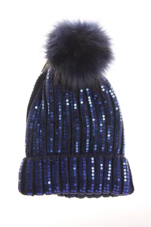 Sparkly Sequins FAUX Fur Bobble Pom Pom Beanie Hat