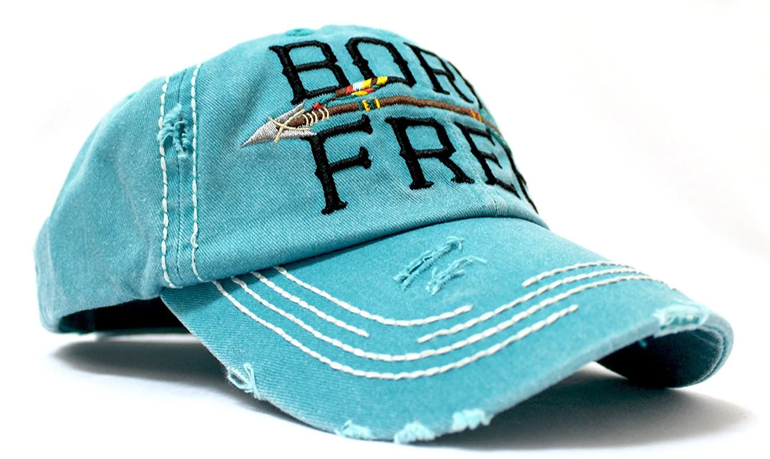 TURQUOISE "BORN FREE" Distressed Baseball Cap w/ Arrow Embroidery Back