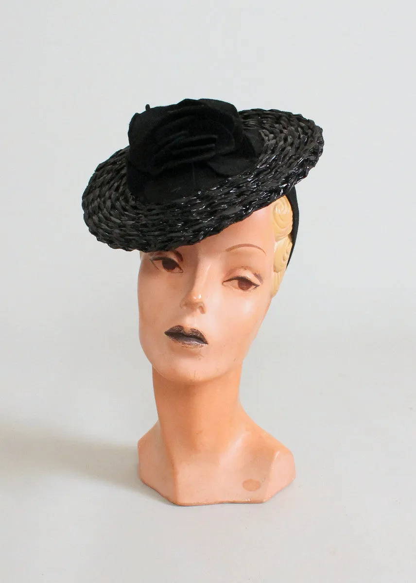 Vintage 1930 Black Flowers Straw Tilt Hat