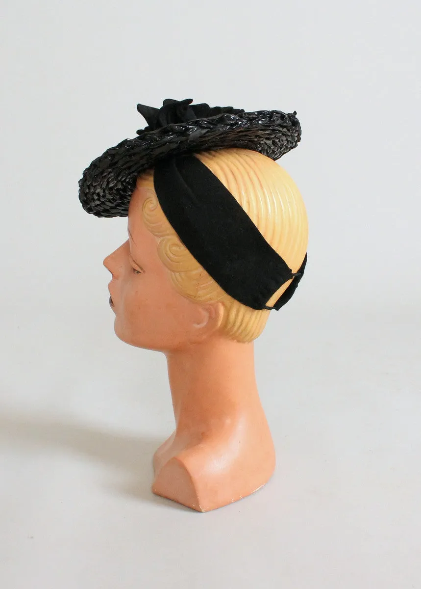 Vintage 1930 Black Flowers Straw Tilt Hat