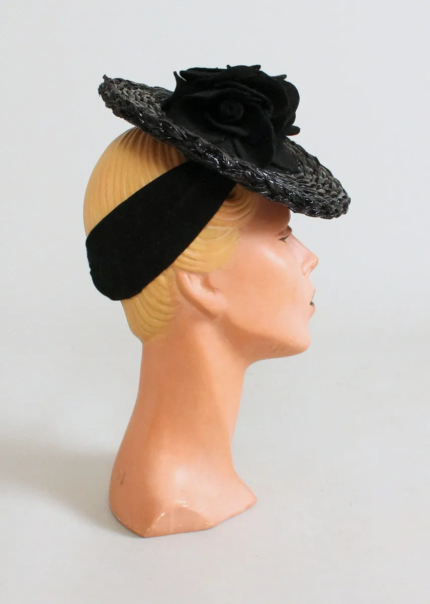 Vintage 1930 Black Flowers Straw Tilt Hat