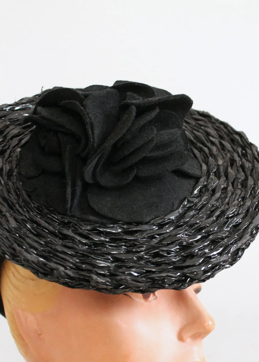 Vintage 1930 Black Flowers Straw Tilt Hat