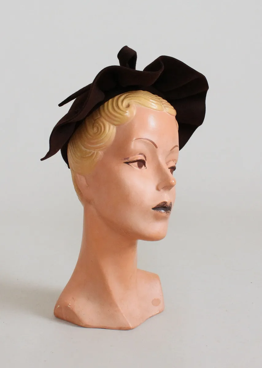 Vintage 1930s Brown Felt Ruffle Crown Hat