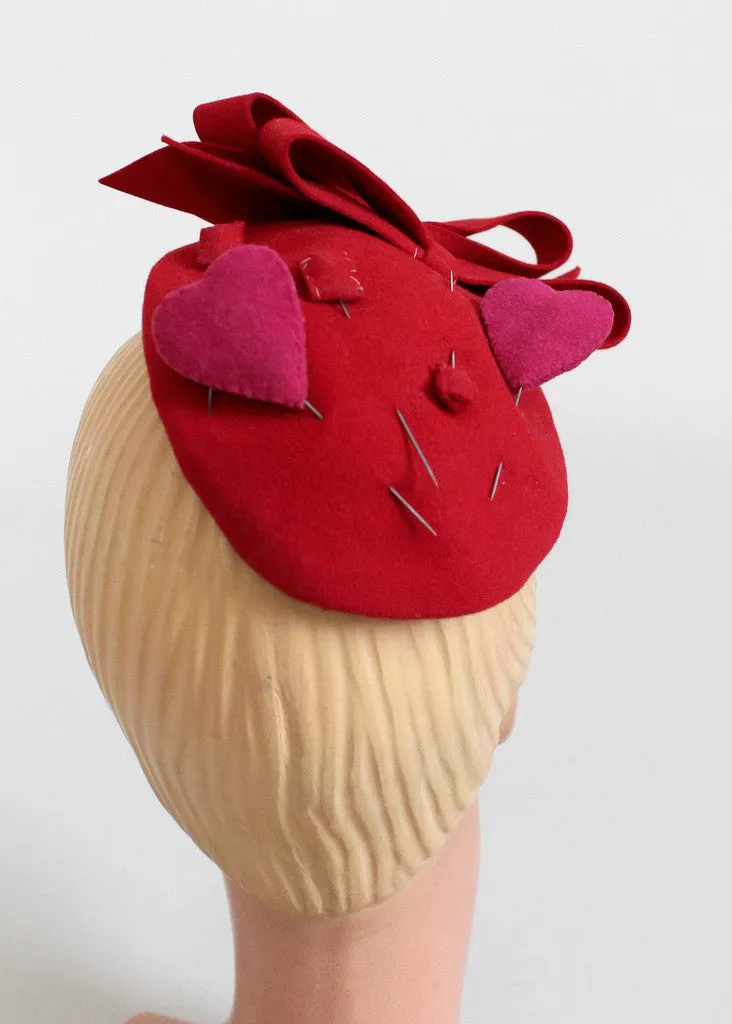 Vintage 1930s Red Bows, Hearts, and Squares Felt Hat