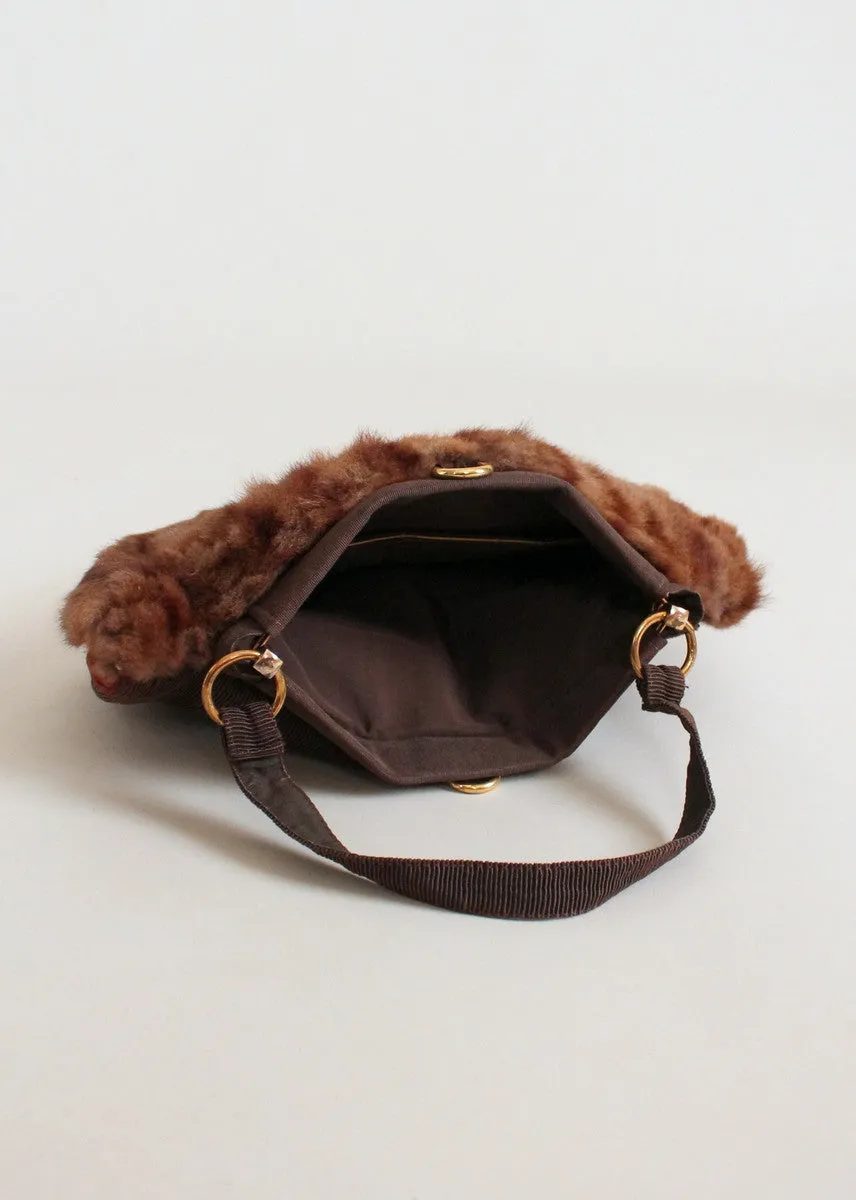 Vintage 1940s Brown Fur Tilt Hat and Purse Set