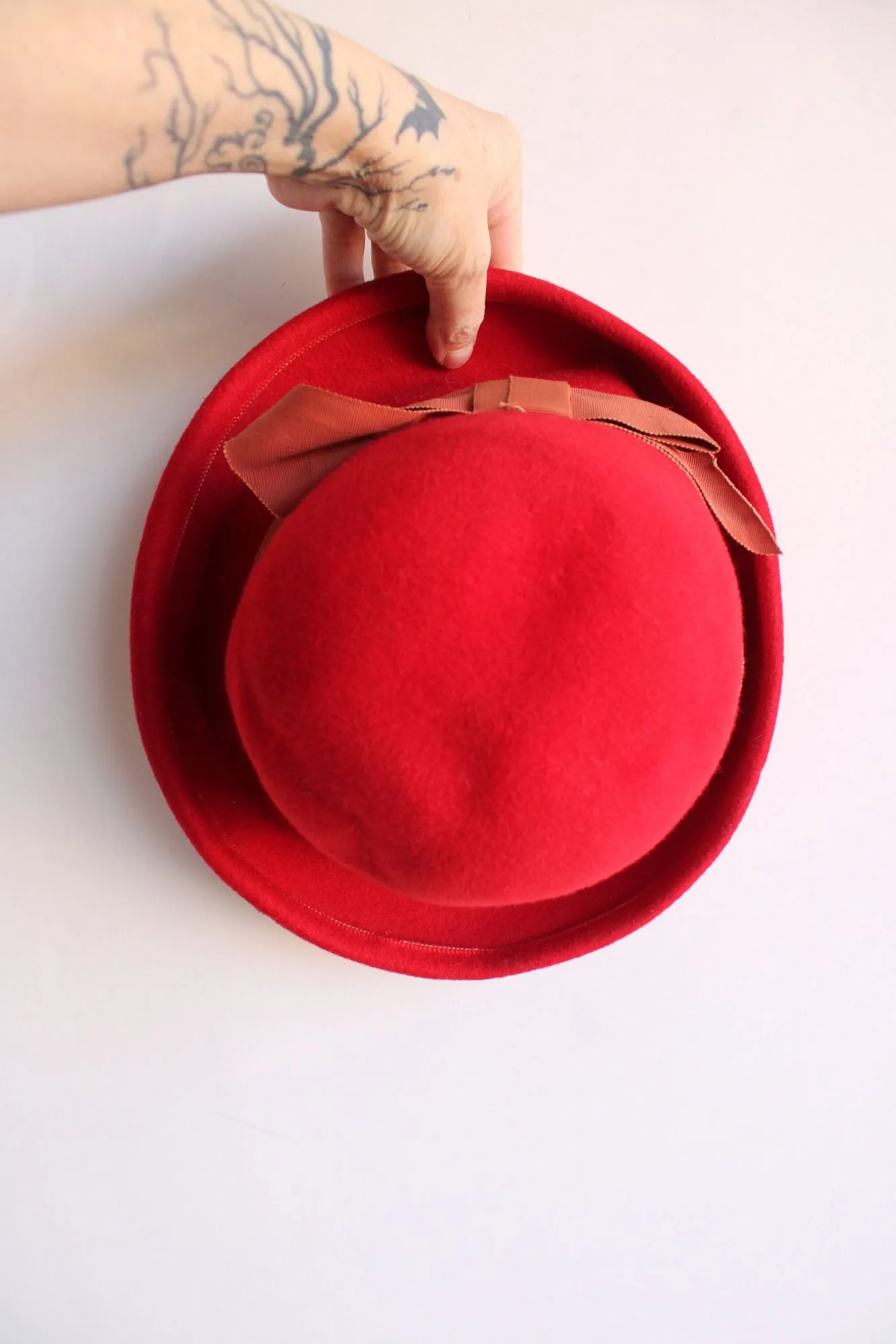 Vintage 1960s Milbrae Red Wool Bucket Hat with Grosgrain Ribbon Bow