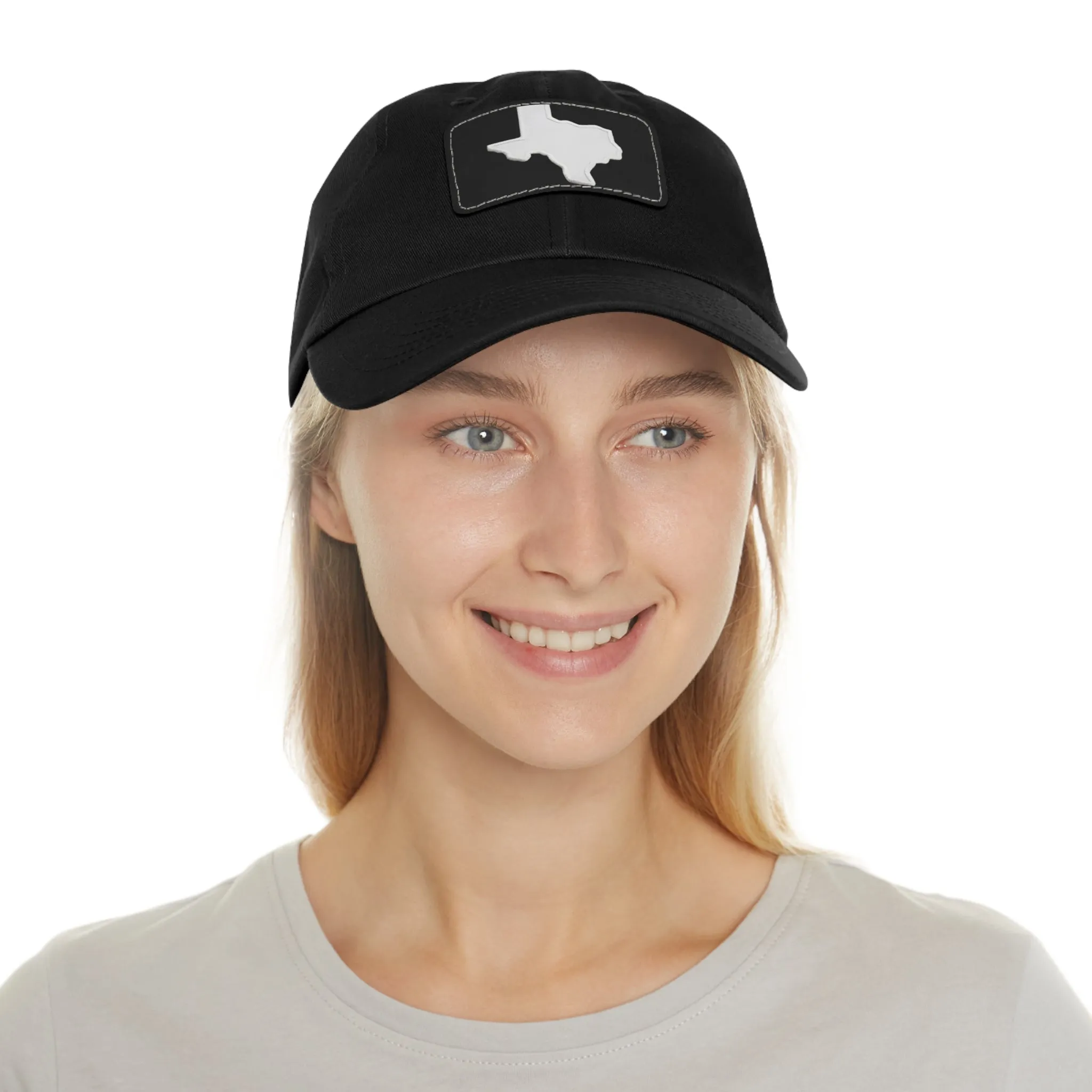 White Texas Dad Hat with Leather Patch (Rectangle)