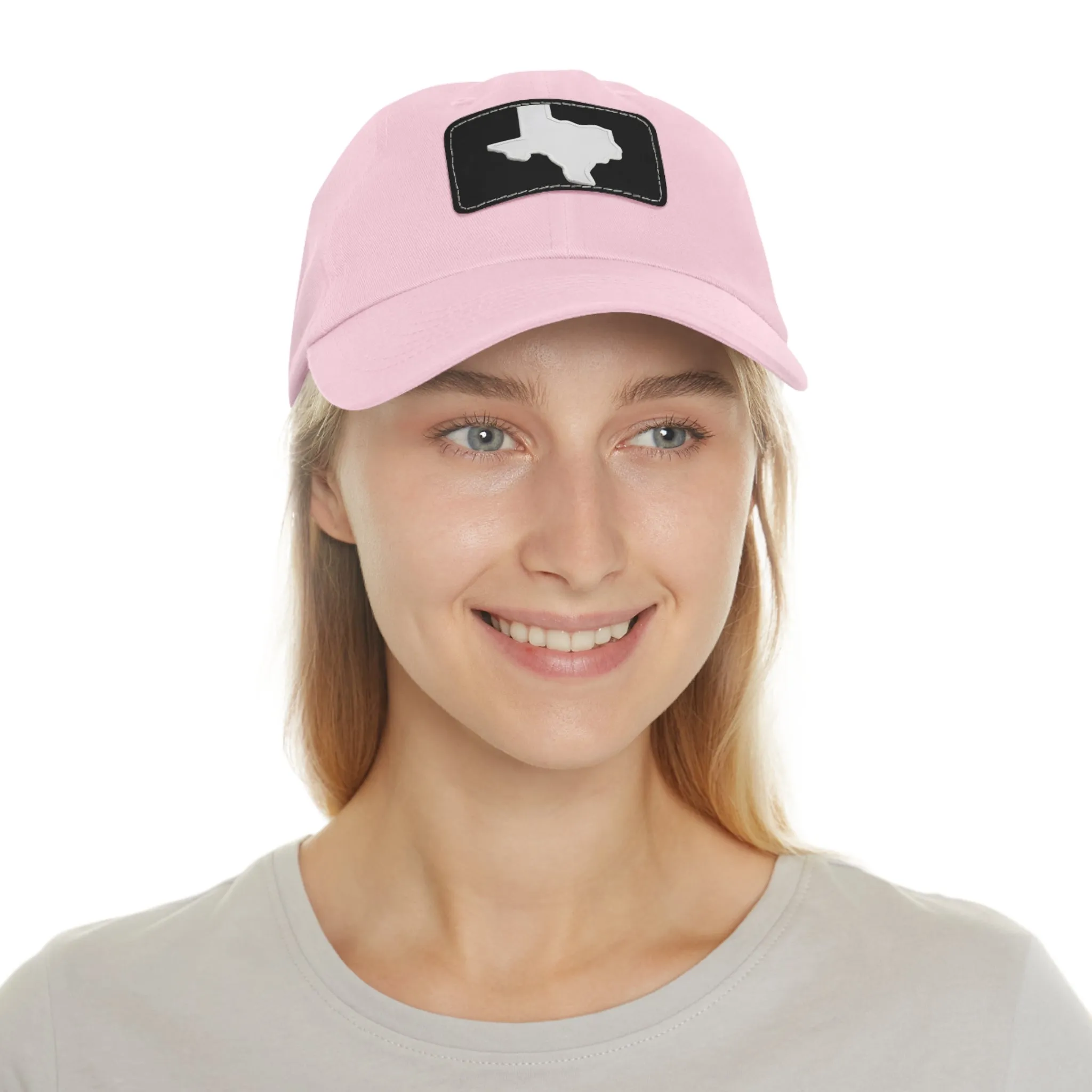 White Texas Dad Hat with Leather Patch (Rectangle)