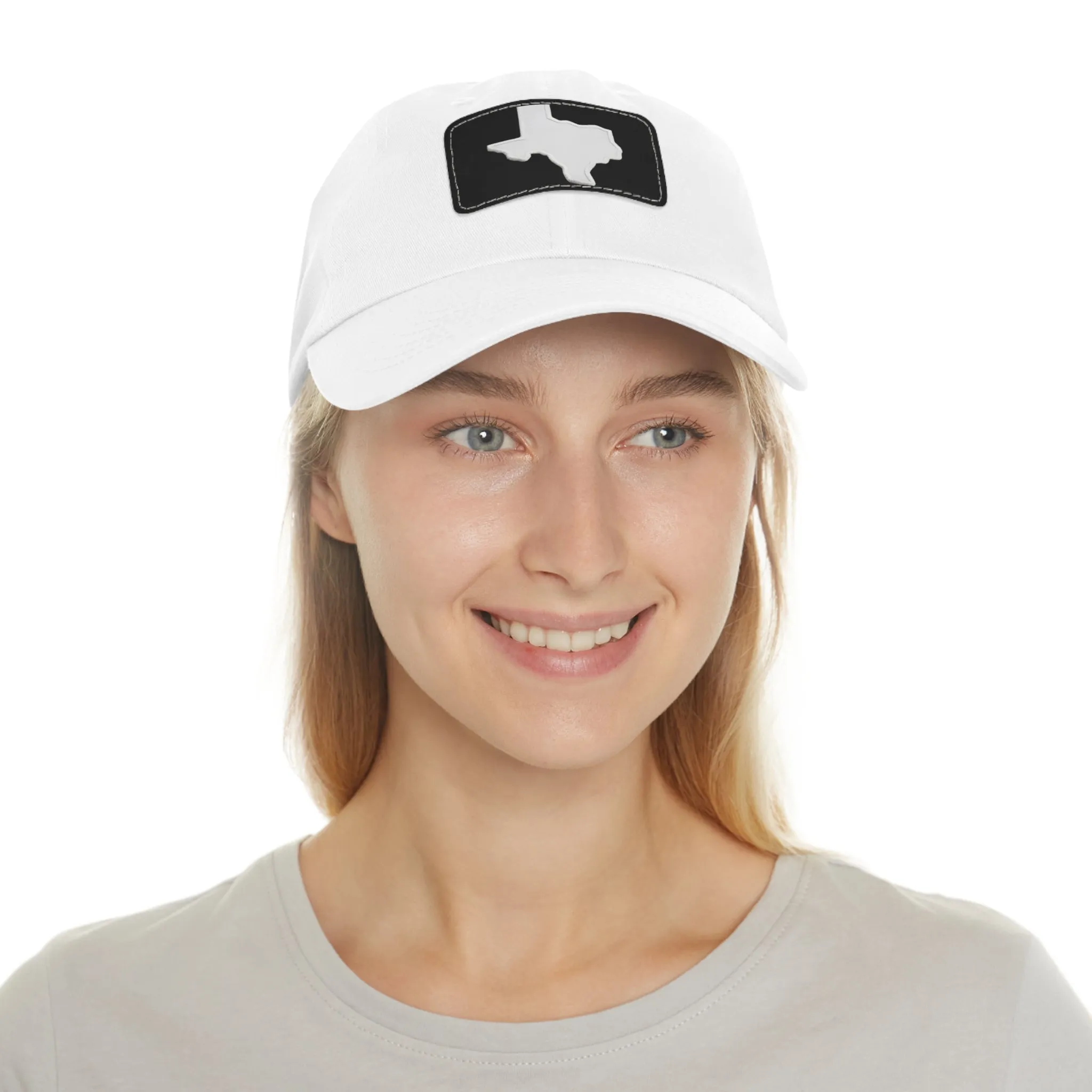 White Texas Dad Hat with Leather Patch (Rectangle)