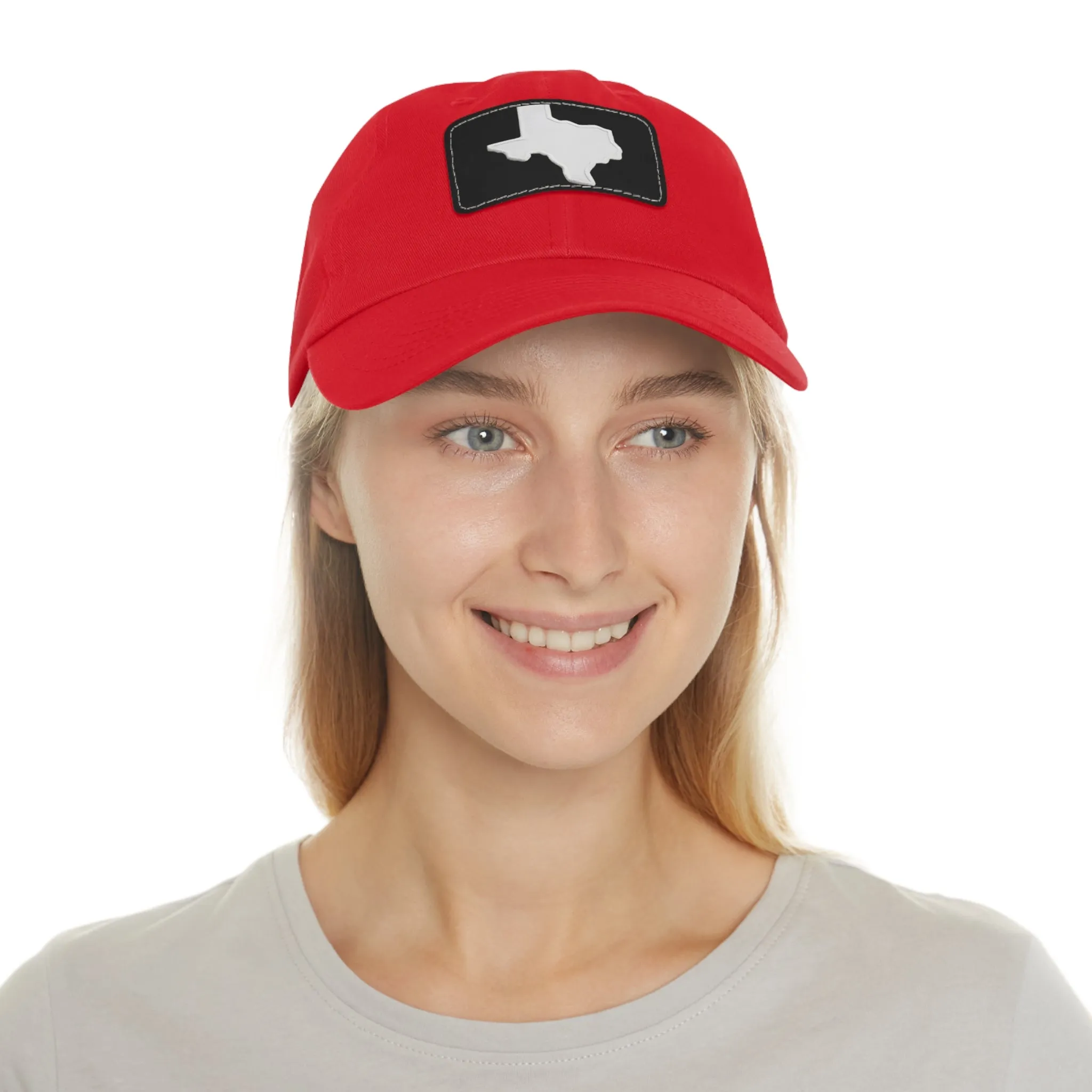 White Texas Dad Hat with Leather Patch (Rectangle)