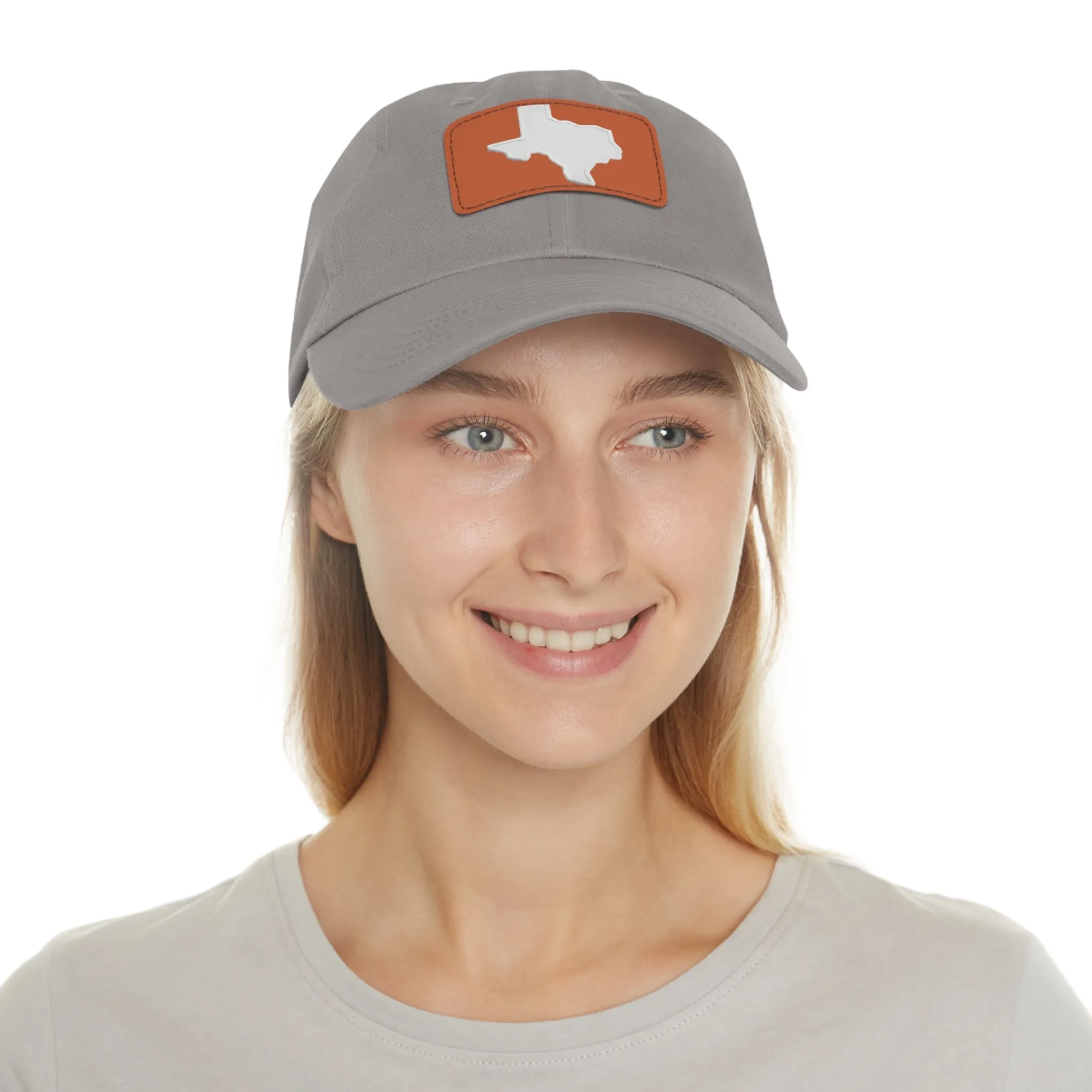 White Texas Dad Hat with Leather Patch (Rectangle)