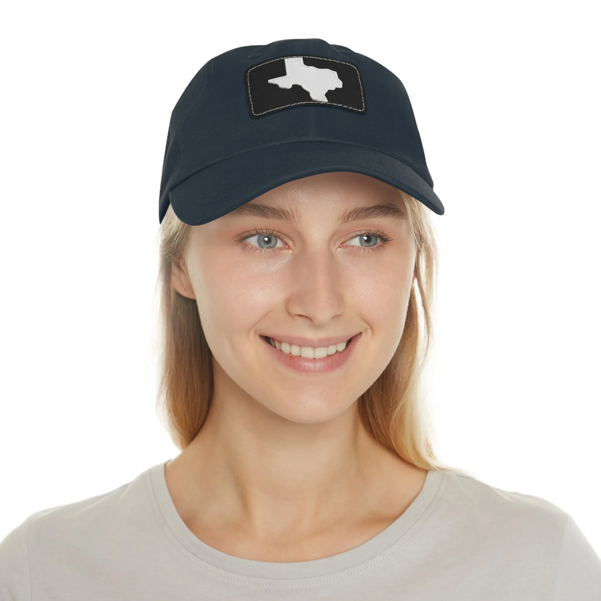 White Texas Dad Hat with Leather Patch (Rectangle)