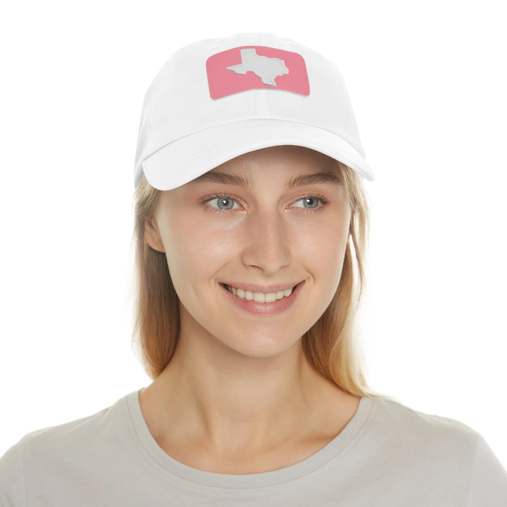 White Texas Dad Hat with Leather Patch (Rectangle)