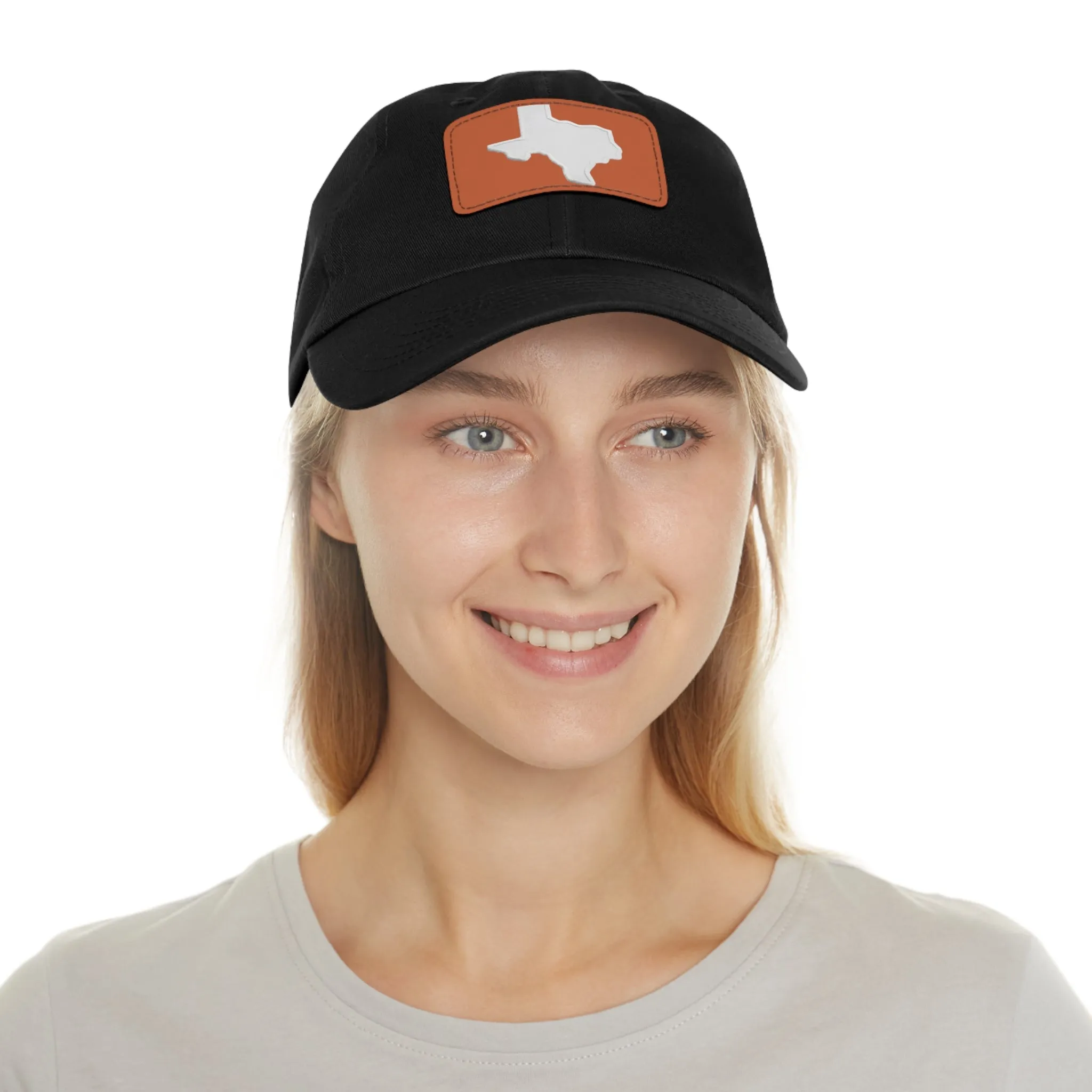 White Texas Dad Hat with Leather Patch (Rectangle)