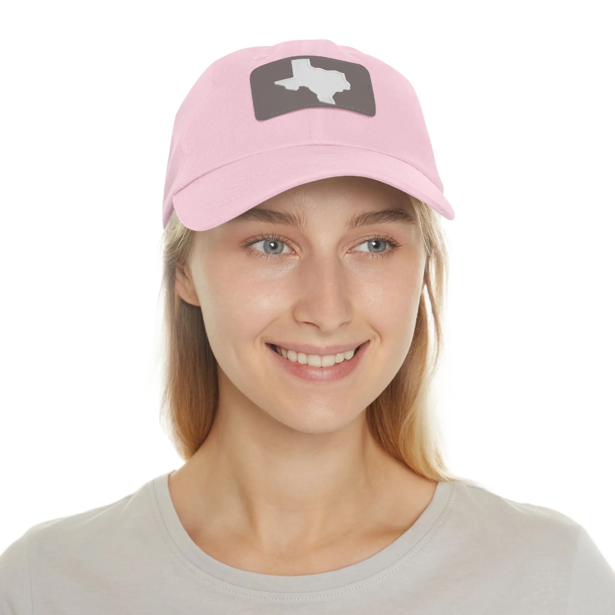 White Texas Dad Hat with Leather Patch (Rectangle)