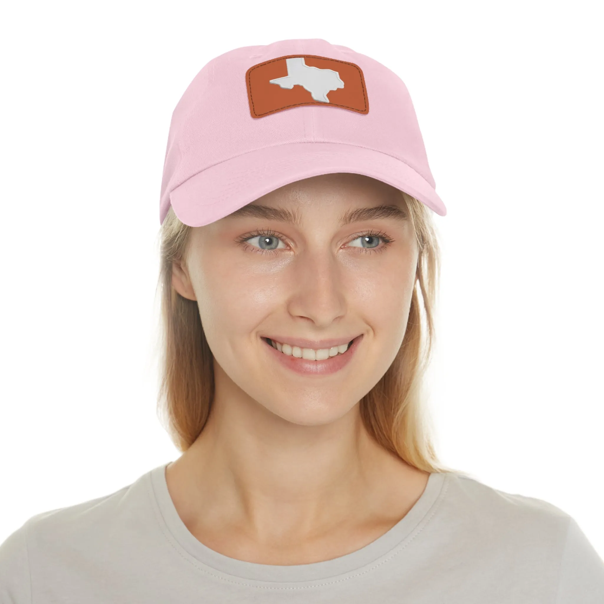 White Texas Dad Hat with Leather Patch (Rectangle)