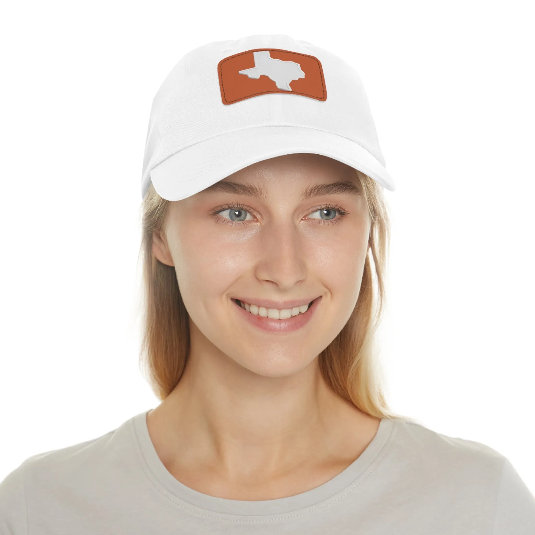 White Texas Dad Hat with Leather Patch (Rectangle)