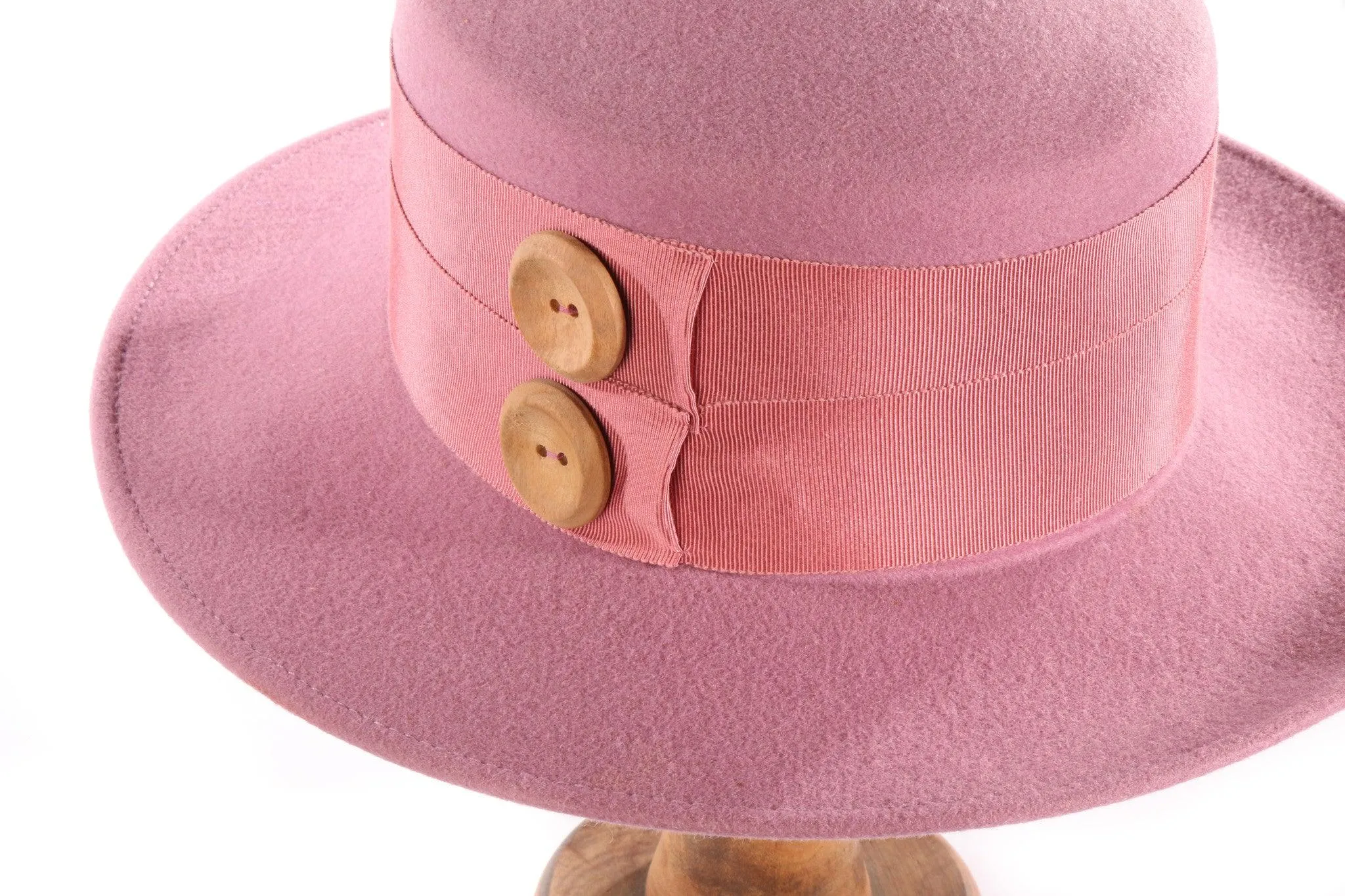 Whitely 100% Wool Felt Dusky Pink Hat with Grosgrain Band and Button detail