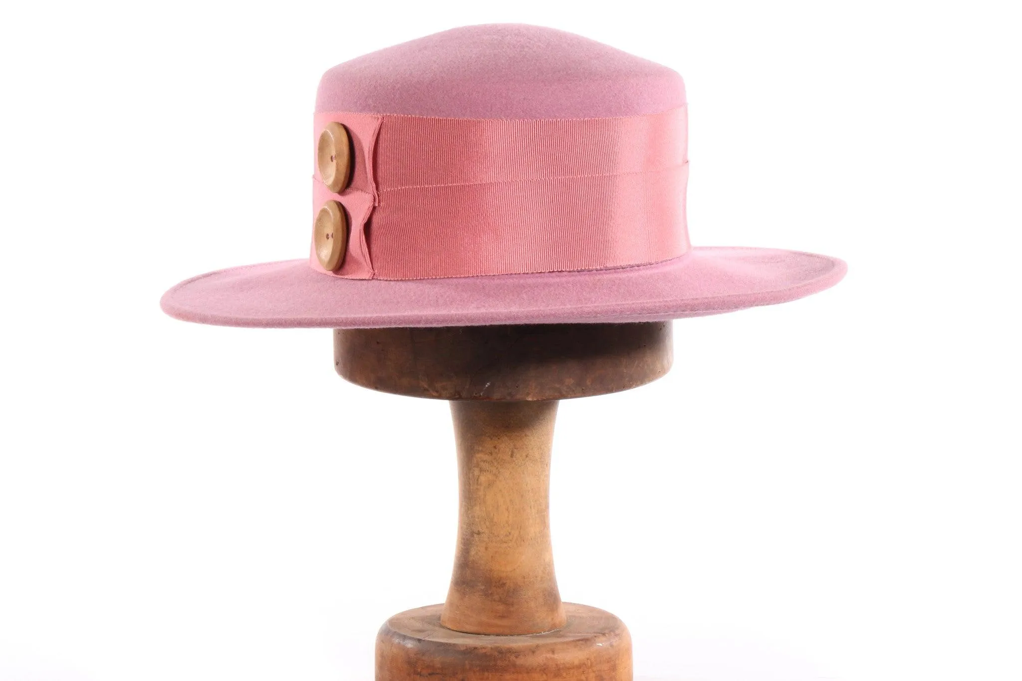 Whitely 100% Wool Felt Dusky Pink Hat with Grosgrain Band and Button detail