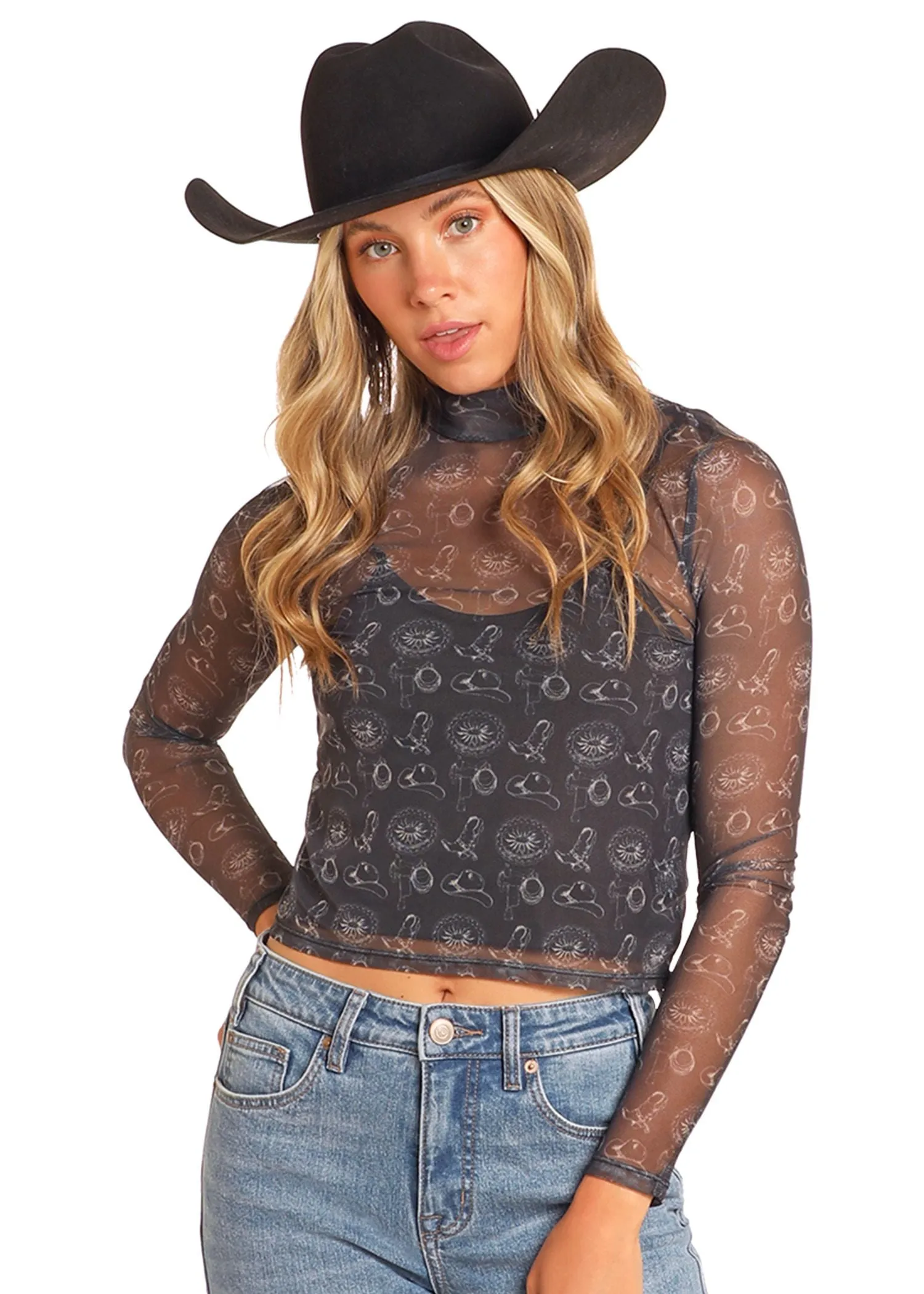 Women's Rock & Roll Hat & Boot Print Mesh Top