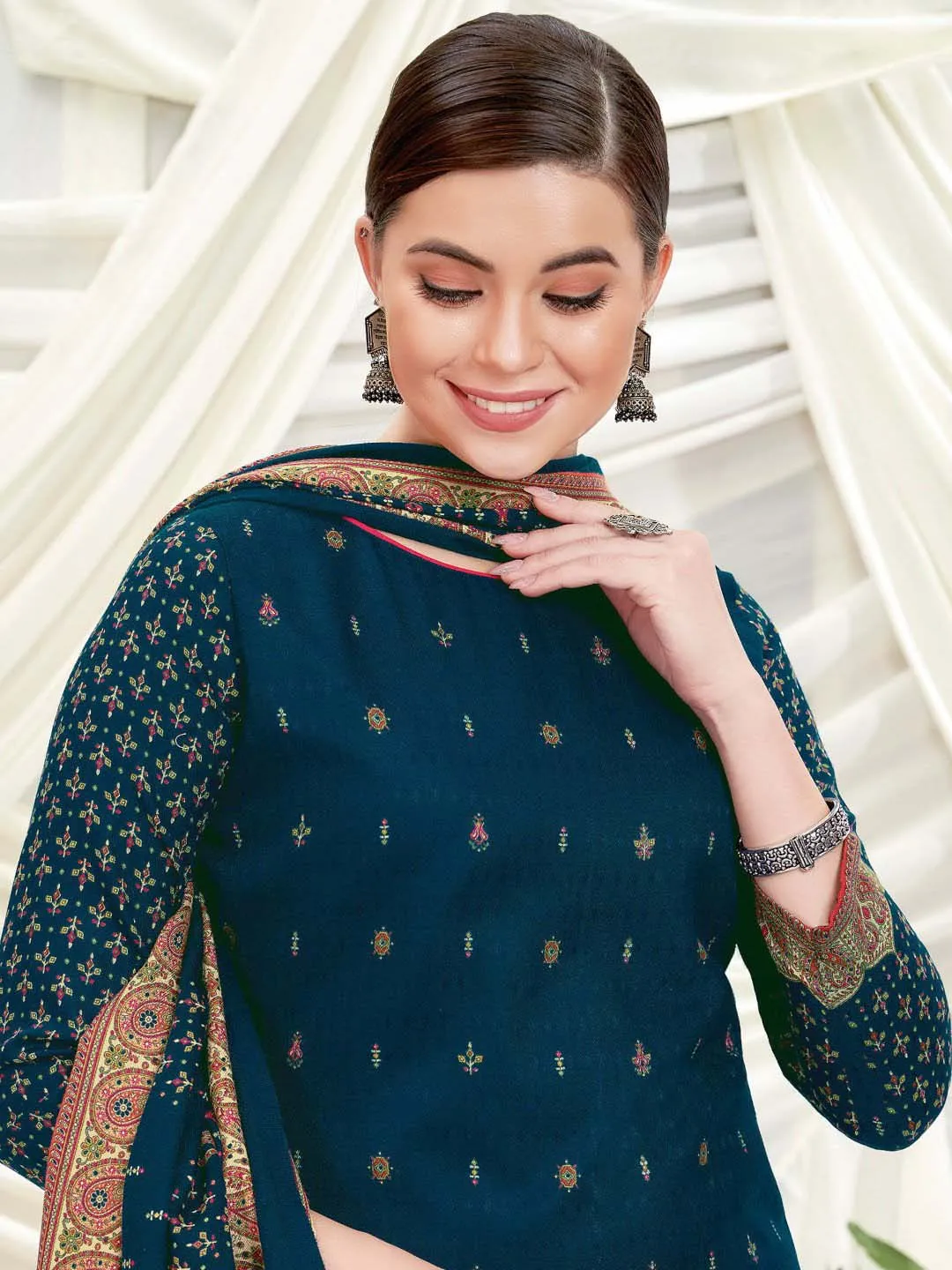 Wool Pashmina Navy Blue Printed Unstitched Suit Set