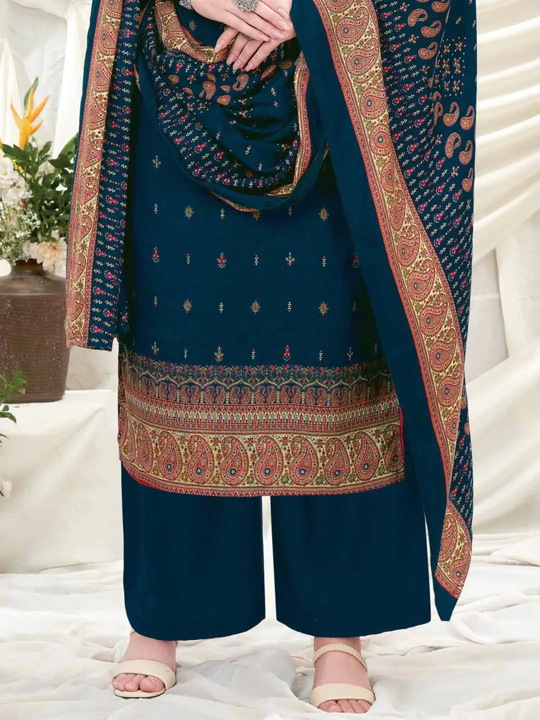 Wool Pashmina Navy Blue Printed Unstitched Suit Set